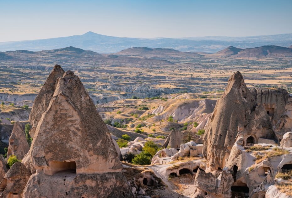 Cappadocia valley with cave houses in the foreground