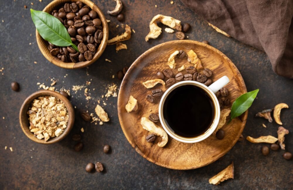 Mushroom coffee in a cup and coffee beans, trendy drink.