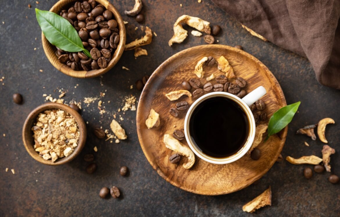 Mushroom coffee in a cup and coffee beans, trendy drink.