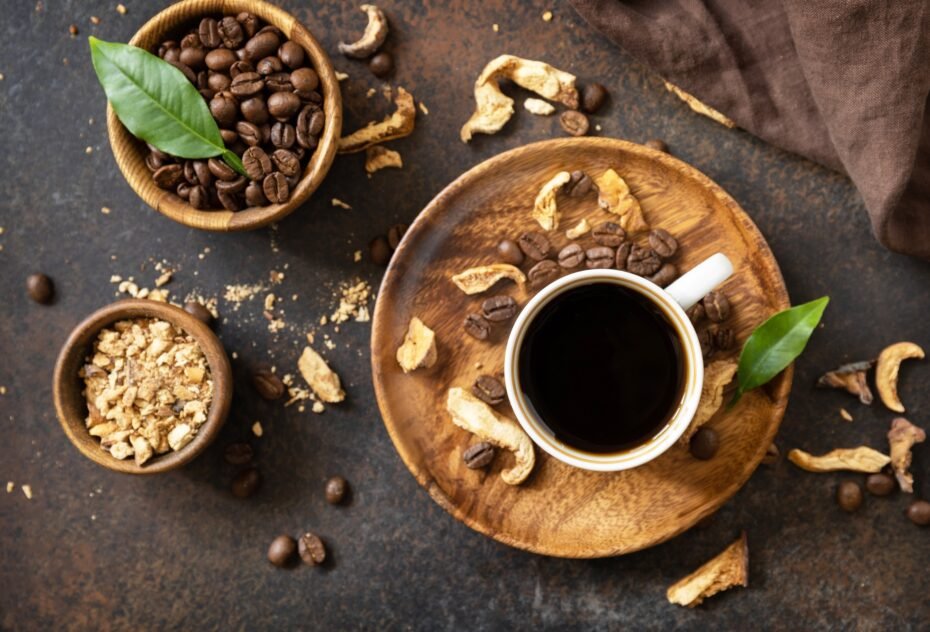 Mushroom coffee in a cup and coffee beans, trendy drink.